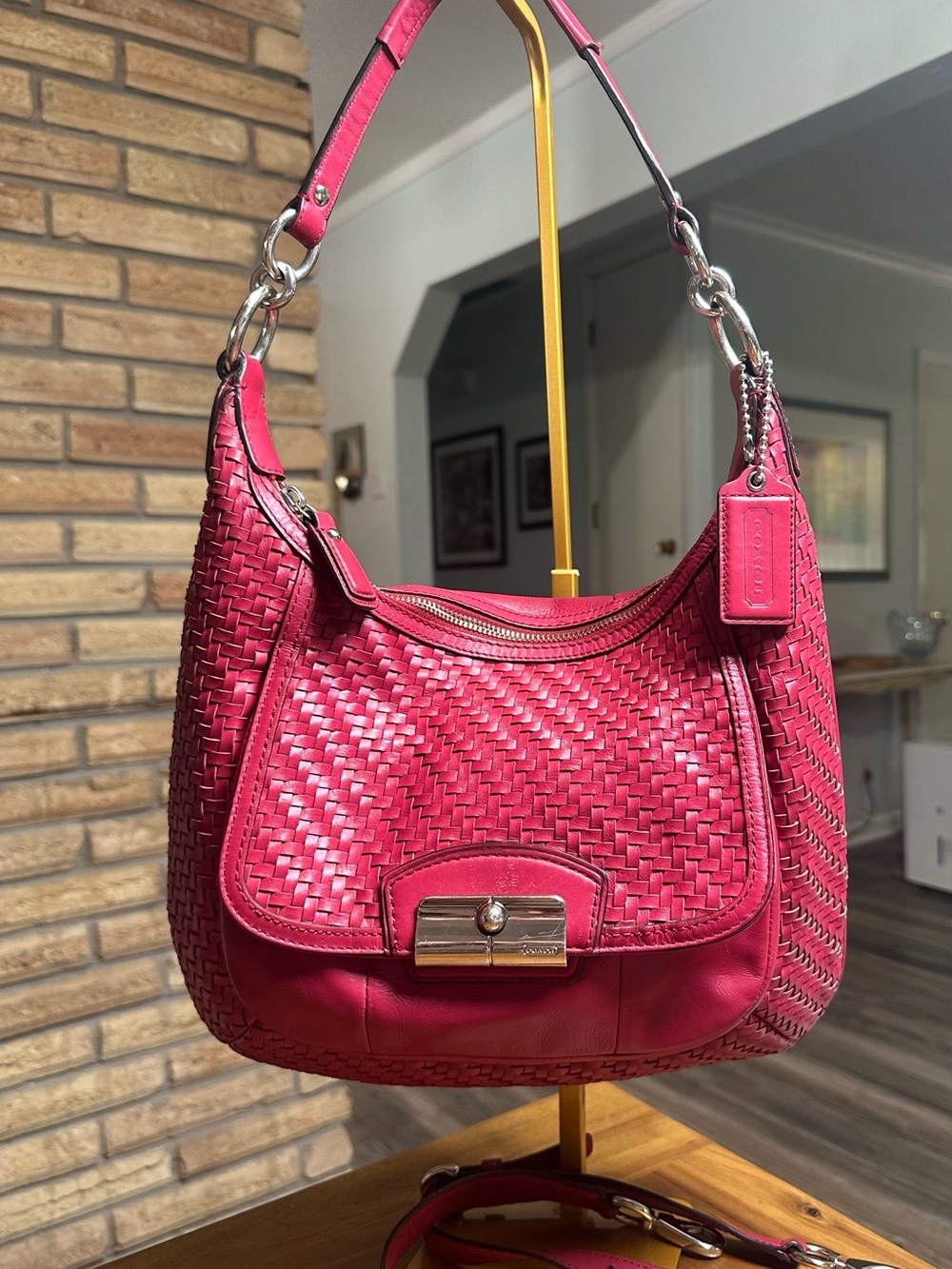 Coach Kristin Cranberry Red Woven Leather Shoulder Hobo with Removable Strap